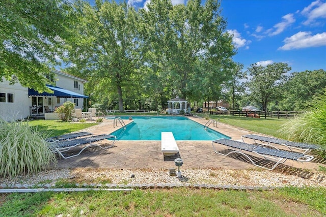5880 Sugar Loaf Mountain Rd, Roanoke, VA 24018 - outdoor pool with a patio, a diving board, a gazebo, and view of wooded area