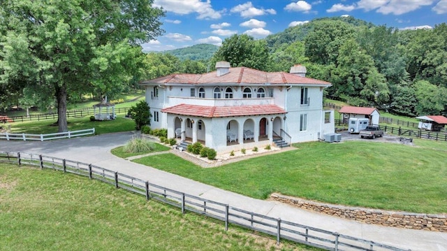 5880 Sugar Loaf Mountain Rd, Roanoke, VA 24018 - rear view of house with covered porch, a chimney, an outdoor structure, stucco siding, and driveway