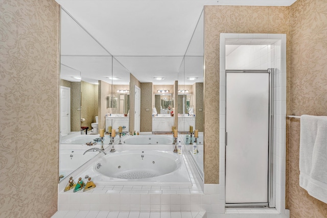 30 Island Green Cir Unit 22, Penhook, VA 24137 - bathroom with wallpapered walls, a tub with jets, a stall shower, and vanity