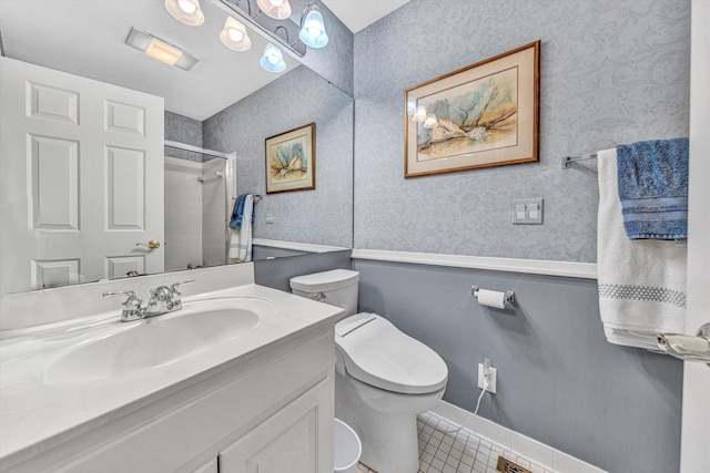 30 Island Green Cir Unit 22, Penhook, VA 24137 - bathroom featuring tiled shower, vanity, tile patterned floors, and wallpapered walls