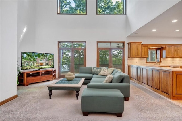 723 Fox Chase Rd, Wirtz, VA 24184 - living area featuring a high ceiling, light carpet, and recessed lighting