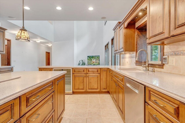 723 Fox Chase Rd, Wirtz, VA 24184 - kitchen featuring dishwasher, backsplash, a peninsula, decorative light fixtures, and recessed lighting