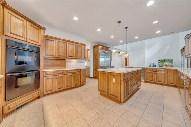 723 Fox Chase Rd, Wirtz, VA 24184 - kitchen featuring built in refrigerator, light tile patterned floors, light countertops, recessed lighting, and brown cabinets