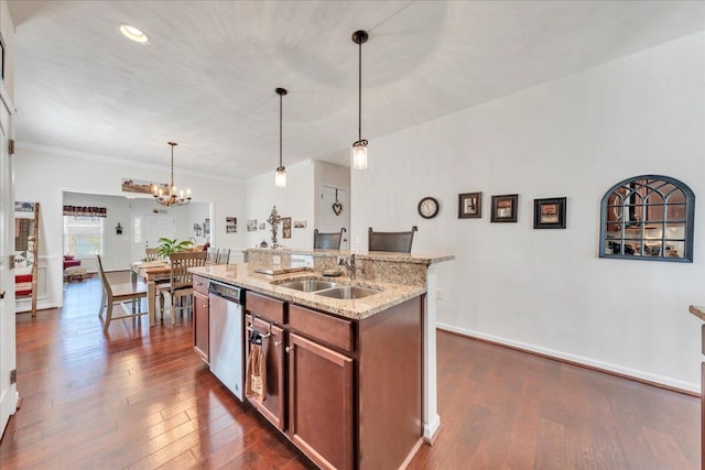 8355 Leighburn Dr, Roanoke, VA 24019 - kitchen featuring dishwasher, brown cabinetry, dark wood-style flooring, hanging light fixtures, and ornamental molding