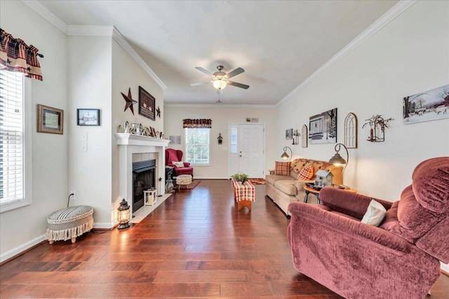 8355 Leighburn Dr, Roanoke, VA 24019 - living area featuring wood finished floors, ornamental molding, a tile fireplace, and a ceiling fan
