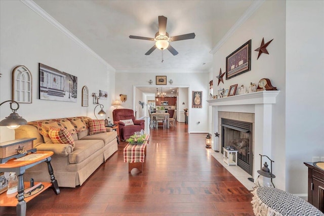 8355 Leighburn Dr, Roanoke, VA 24019 - living room with a ceiling fan, a fireplace, dark wood-type flooring, ornamental molding, and a chandelier