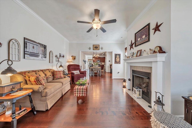8355 Leighburn Dr, Roanoke, VA 24019 - living room featuring ceiling fan, wood-type flooring, a fireplace, a chandelier, and ornamental molding