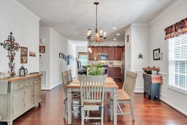 8355 Leighburn Dr, Roanoke, VA 24019 - dining area with a chandelier, dark wood finished floors, crown molding, and recessed lighting