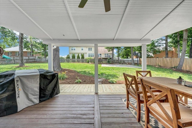 245 Queen Regent Ct, Blue Ridge, VA 24064 - deck with a fenced backyard, outdoor dining area, and ceiling fan