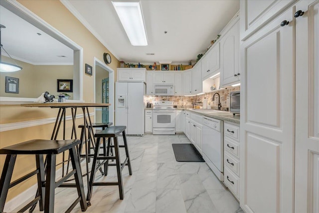 3040 Mcvitty Forest Dr Unit 211, Roanoke, VA 24018 - kitchen with white appliances, light marble finish floors, white cabinetry, backsplash, and ornamental molding