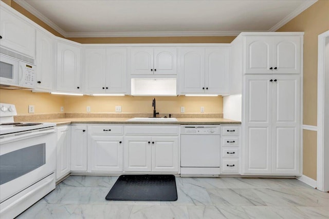 3040 Mcvitty Forest Dr Unit 211, Roanoke, VA 24018 - kitchen with white appliances, light marble finish floors, white cabinetry, light countertops, and crown molding