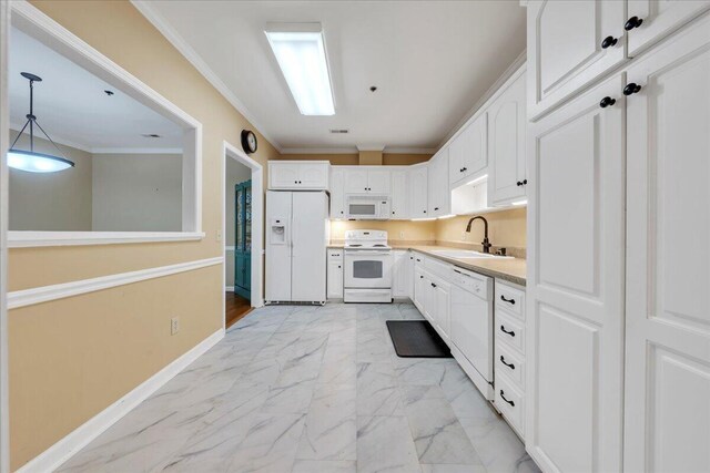 3040 Mcvitty Forest Dr Unit 211, Roanoke, VA 24018 - kitchen featuring white appliances, light marble finish floors, white cabinets, and ornamental molding