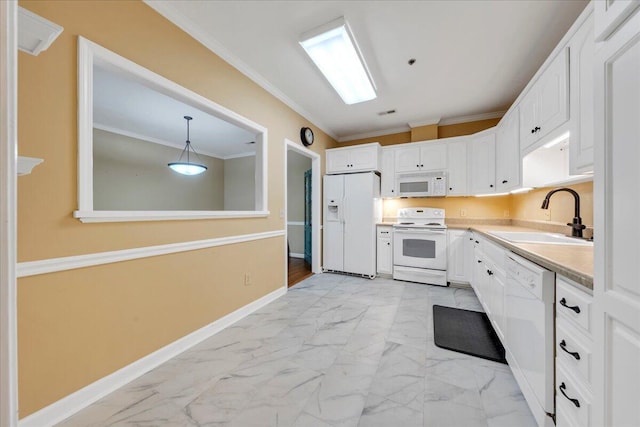 3040 Mcvitty Forest Dr Unit 211, Roanoke, VA 24018 - kitchen with white appliances, ornamental molding, light marble finish flooring, white cabinets, and light countertops