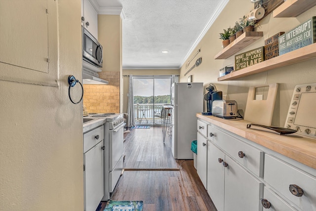 1085 Bluewater Dr Unit 220, Moneta, VA 24121 - kitchen with white appliances, ornamental molding, light countertops, tasteful backsplash, and a textured ceiling