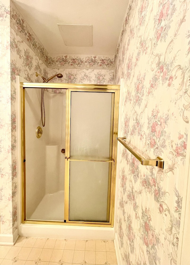4845 Glen Ivy Ln SW Unit 209, Roanoke, VA 24018 - full bathroom with wallpapered walls, a shower with door, and tile patterned flooring