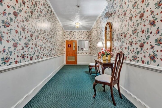 4845 Glen Ivy Ln SW Unit 209, Roanoke, VA 24018 - corridor with wallpapered walls, crown molding, carpet floors, and a wainscoted wall