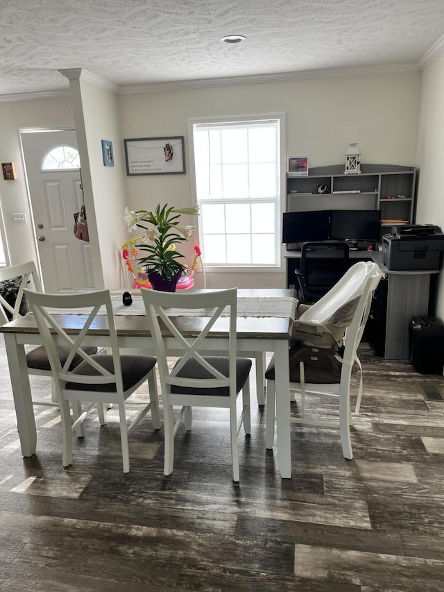 1148 Chapel View Ln, Goodview, VA 24095 - dining space with ornamental molding, wood finished floors, a textured ceiling, plenty of natural light, and an office area