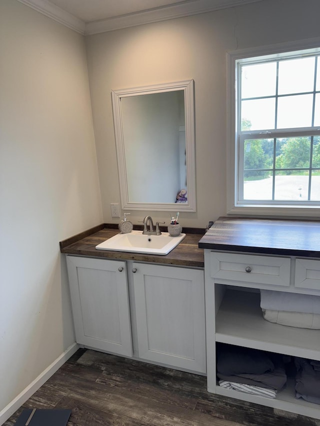 1148 Chapel View Ln, Goodview, VA 24095 - bathroom with vanity, crown molding, and wood finished floors