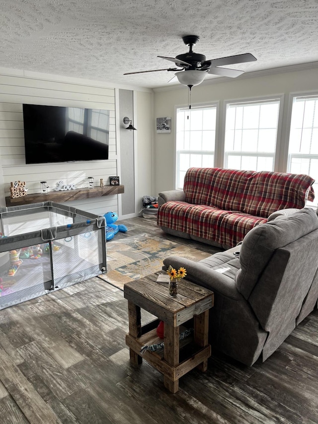 1148 Chapel View Ln, Goodview, VA 24095 - living room with wood finished floors, a ceiling fan, healthy amount of natural light, and a textured ceiling