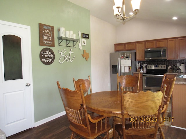 5605 Prunty Dr, Salem, VA 24153 - dining area featuring dark wood-style floors, lofted ceiling, and a chandelier