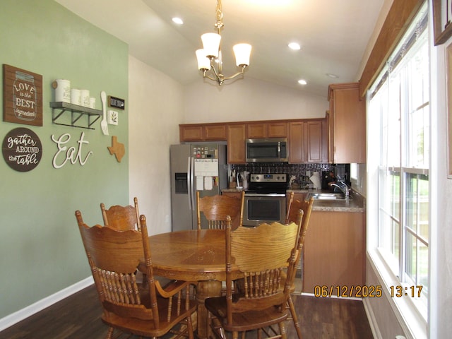 5605 Prunty Dr, Salem, VA 24153 - dining area featuring dark wood-type flooring, healthy amount of natural light, a chandelier, vaulted ceiling, and recessed lighting
