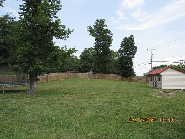 5605 Prunty Dr, Salem, VA 24153 - fenced backyard featuring a trampoline and an outbuilding