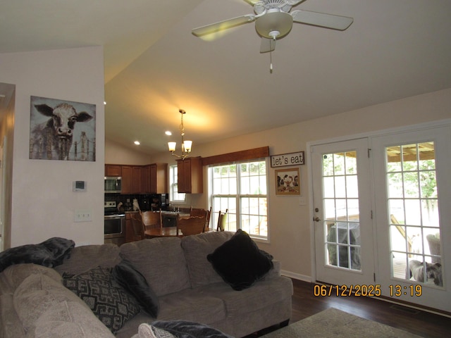 5605 Prunty Dr, Salem, VA 24153 - living area featuring lofted ceiling, dark wood-style floors, and ceiling fan