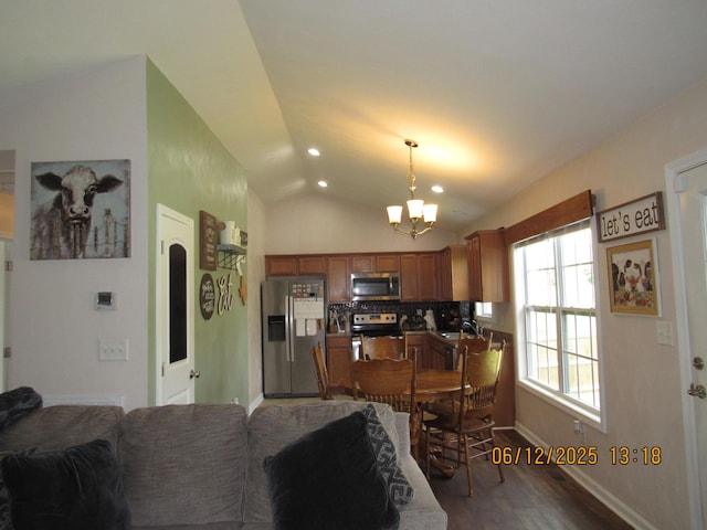 5605 Prunty Dr, Salem, VA 24153 - dining room featuring a chandelier, dark wood-style floors, vaulted ceiling, and recessed lighting