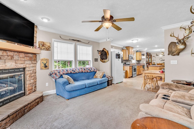 1060 Marble Creek Ct, Lynch Station, VA 24571 - living room featuring a textured ceiling, ornamental molding, a ceiling fan, light carpet, and a fireplace
