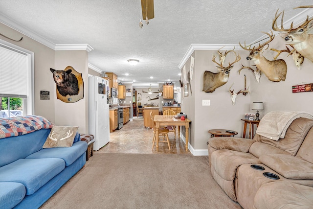 1060 Marble Creek Ct, Lynch Station, VA 24571 - living room featuring crown molding, a textured ceiling, and light colored carpet
