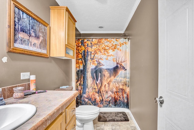 1060 Marble Creek Ct, Lynch Station, VA 24571 - bathroom with crown molding, a textured ceiling, vanity, and a shower with shower curtain