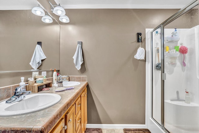 1060 Marble Creek Ct, Lynch Station, VA 24571 - full bathroom with double vanity, a shower stall, crown molding, and tile patterned flooring