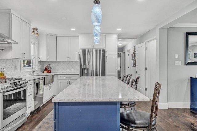 10610 Slings Gap Rd, Bent Mountain, VA 24059 - kitchen with appliances with stainless steel finishes, a breakfast bar, dark wood-style floors, light stone countertops, and backsplash
