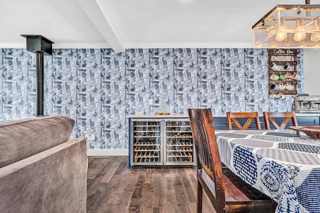 10610 Slings Gap Rd, Bent Mountain, VA 24059 - wine cellar with wood finished floors, beam ceiling, and ornamental molding