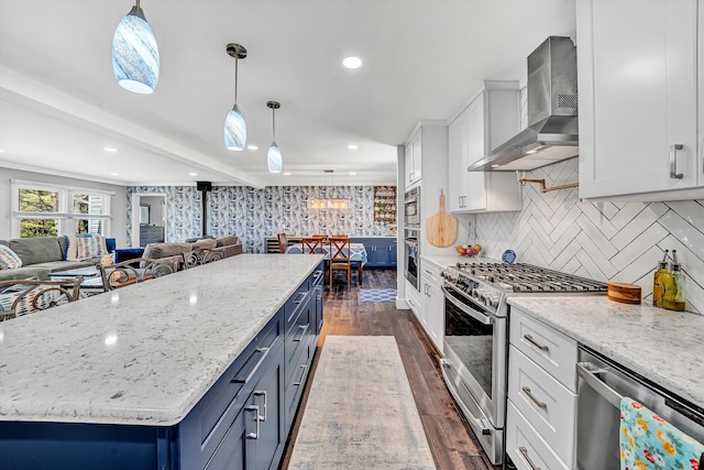 10610 Slings Gap Rd, Bent Mountain, VA 24059 - kitchen with appliances with stainless steel finishes, wall chimney exhaust hood, open floor plan, white cabinets, and dark wood-style flooring