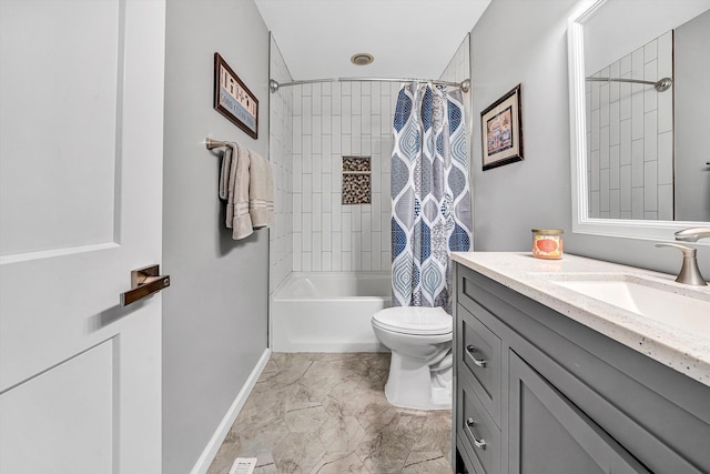 10610 Slings Gap Rd, Bent Mountain, VA 24059 - bathroom featuring vanity, shower / tub combo with curtain, and marble finish flooring