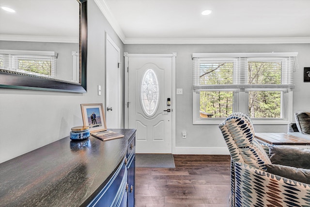 10610 Slings Gap Rd, Bent Mountain, VA 24059 - foyer entrance with dark wood-style floors, crown molding, and recessed lighting