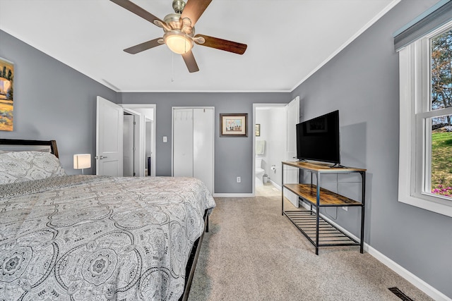 10610 Slings Gap Rd, Bent Mountain, VA 24059 - carpeted bedroom with ornamental molding, a ceiling fan, and connected bathroom