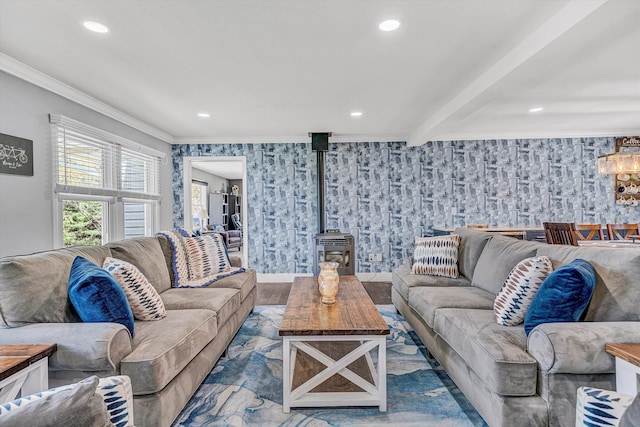 10610 Slings Gap Rd, Bent Mountain, VA 24059 - living area with a wood stove, ornamental molding, recessed lighting, wood finished floors, and a chandelier