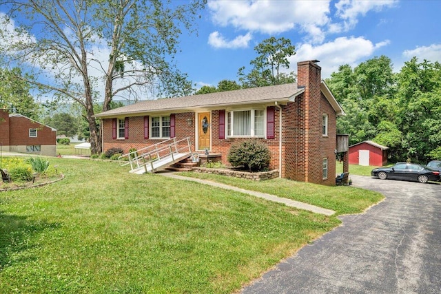3203 Bradshaw Rd, Salem, VA 24153 - ranch-style house with a chimney, brick siding, a front lawn, and driveway
