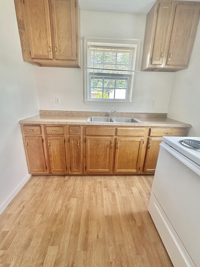 418 Marshall Ave, New Castle, VA 24127 - kitchen featuring electric range, light wood-type flooring, light countertops, and brown cabinetry