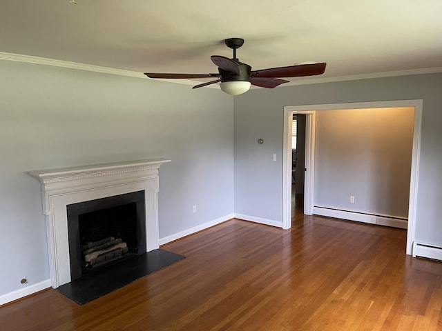 3210 Orchard Hill Rd SW, Roanoke, VA 24018 - unfurnished living room featuring a baseboard heating unit, ceiling fan, ornamental molding, wood finished floors, and a fireplace with raised hearth