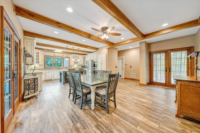 223 Moonriver Ln, Moneta, VA 24121 - dining area featuring french doors, beam ceiling, a ceiling fan, recessed lighting, and light wood-type flooring