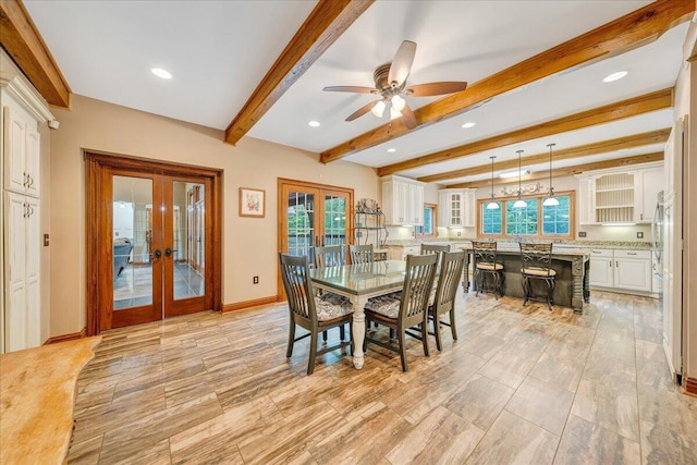 223 Moonriver Ln, Moneta, VA 24121 - dining room featuring french doors, a ceiling fan, beam ceiling, and recessed lighting