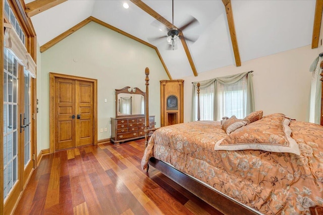 223 Moonriver Ln, Moneta, VA 24121 - bedroom featuring wood finished floors, beamed ceiling, high vaulted ceiling, ceiling fan, and recessed lighting
