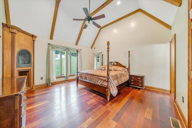 223 Moonriver Ln, Moneta, VA 24121 - bedroom with high vaulted ceiling, beam ceiling, wood finished floors, a ceiling fan, and recessed lighting