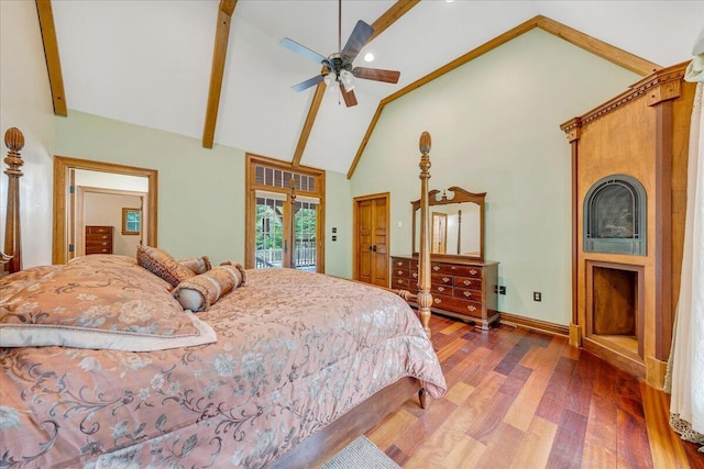 223 Moonriver Ln, Moneta, VA 24121 - bedroom with access to outside, high vaulted ceiling, wood finished floors, beam ceiling, and ceiling fan