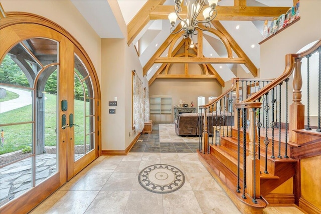 223 Moonriver Ln, Moneta, VA 24121 - entrance foyer featuring a chandelier, stairs, a towering ceiling, and french doors