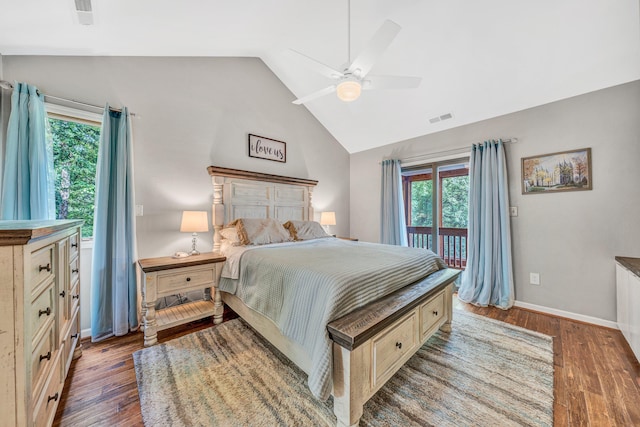 7102 Crown Rd, Roanoke, VA 24018 - bedroom featuring access to exterior, multiple windows, wood finished floors, ceiling fan, and high vaulted ceiling