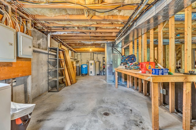7102 Crown Rd, Roanoke, VA 24018 - unfinished basement with electric panel, water heater, a water softener system, and heating unit